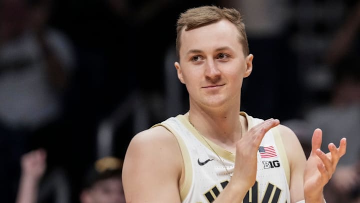 Purdue’s Fletcher Loyer claps after competing during the State Farm College Slam Dunk and 3-Point Championships.