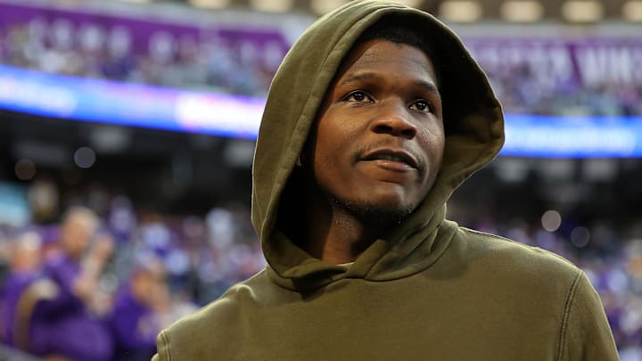Jan 15, 2023; Minneapolis, Minnesota, USA; Minnesota Timberwolves guard Anthony Edwards looks on before a wild card game between the Minnesota Vikings and the New York Giants at U.S. Bank Stadium. Mandatory Credit: Matt Krohn-Imagn Images