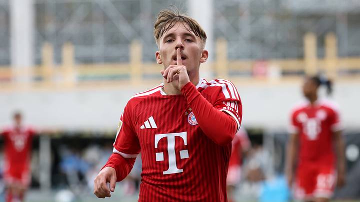 Bayern Munich forward Lennart Karl celebrates after scoring against SV Elversberg. Bayern Munich forward Lennart Karl celebrates after scoring against SV Elversberg.