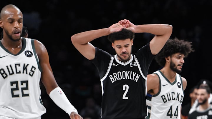 Dec 8, 2024; Brooklyn, New York, USA; Brooklyn Nets forward Cameron Johnson (2) reacts during the second half against the Milwaukee Bucks at Barclays Center. Mandatory Credit: John Jones-Imagn Images