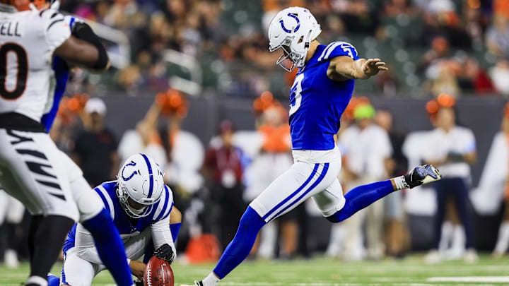 Aug 22, 2024; Cincinnati, Ohio, USA; Indianapolis Colts kicker Spencer Shrader (3) kicks a field goal against the Cincinnati Bengals in the second half at Paycor Stadium. Aug 22, 2024; Cincinnati, Ohio, USA; Indianapolis Colts kicker Spencer Shrader (3) kicks a field goal against the Cincinnati Bengals in the second half at Paycor Stadium.