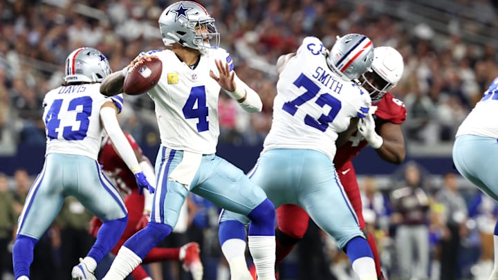 Dallas Cowboys quarterback Dak Prescott looks to pass against the Arizona Cardinals in the second half.