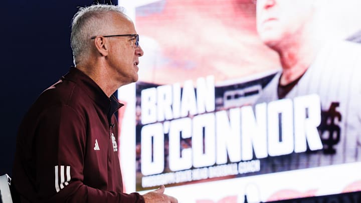 Newly hired Mississippi State coach Brian O'Connor records a welcome video at Dudy Noble Field.