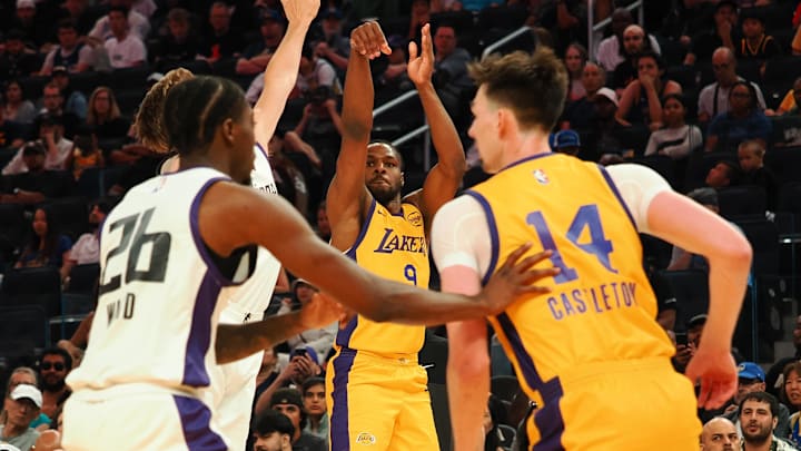 Jul 6, 2024; San Francisco, CA, USA; Los Angeles Lakers guard Bronny James Jr. (9) shoots the ball against the Sacramento Kings during the fourth quarter at Chase Center. Mandatory Credit: Kelley L Cox-USA TODAY Sports Jul 6, 2024; San Francisco, CA, USA; Los Angeles Lakers guard Bronny James Jr. (9) shoots the ball against the Sacramento Kings during the fourth quarter at Chase Center. Mandatory Credit: Kelley L Cox-USA TODAY Sports