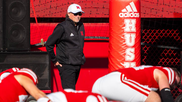 Nov 23, 2024; Lincoln, Nebraska, USA; Nebraska Cornhuskers assistant coach Dana Holgorsen during warmups before a game against the Wisconsin Badgers at Memorial Stadium. 