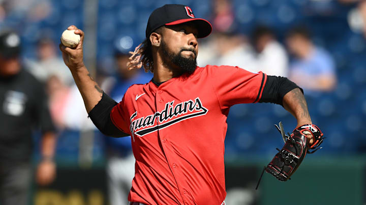 Aug 28, 2024; Cleveland, Ohio, USA; Cleveland Guardians relief pitcher Emmanuel Clase (48) throws a pitch during the ninth inning against the Kansas City Royals at Progressive Field. Mandatory Credit: Ken Blaze-Imagn Images