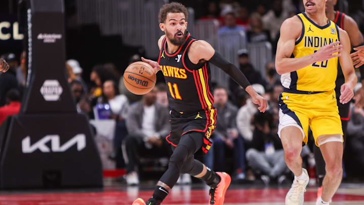Trae Young #11 of the Atlanta Hawks dribbles against the Indiana Pacers.