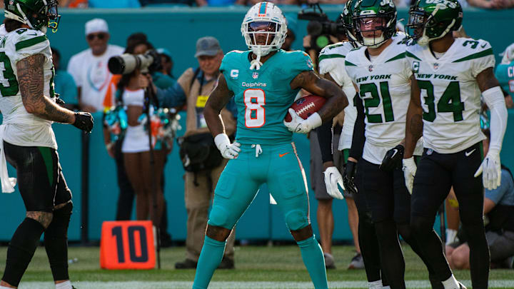 Miami Dolphins safety Jevon Holland (8) reacts after receiving a fair catch in the fourth quarter during the football game between the New York Jets and host Miami Dolphins at Hard Rock Stadium on Sunday, January 8, 2023, in Miami Gardens, FL.