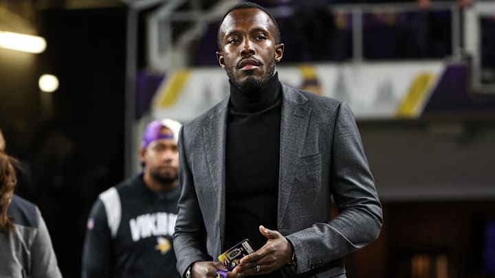 Nov 24, 2022; Minneapolis, Minnesota, USA; Minnesota Vikings general manager Kwesi Adofo-Mensah looks on before the game against the New England Patriots at U.S. Bank Stadium. Nov 24, 2022; Minneapolis, Minnesota, USA; Minnesota Vikings general manager Kwesi Adofo-Mensah looks on before the game against the New England Patriots at U.S. Bank Stadium.