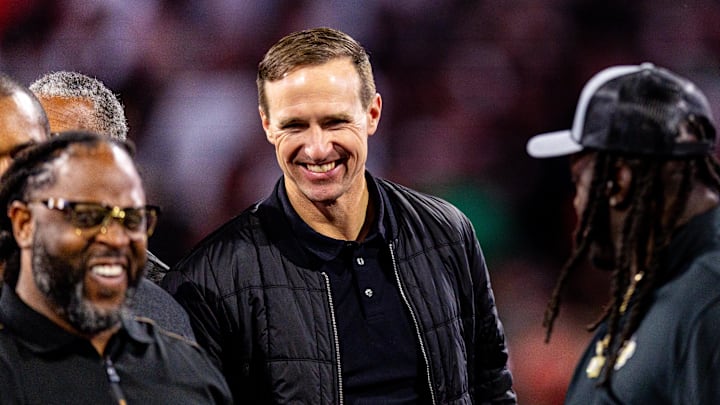 Nov 17, 2024; New Orleans, Louisiana, USA; Former New Orleans Saints quarterback Drew Brees during the half time Ring of Honor ceremony for Jahri Evans at Caesars Superdome. Mandatory Credit: Stephen Lew-Imagn Images Nov 17, 2024; New Orleans, Louisiana, USA; Former New Orleans Saints quarterback Drew Brees during the half time Ring of Honor ceremony for Jahri Evans at Caesars Superdome. Mandatory Credit: Stephen Lew-Imagn Images