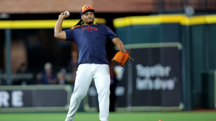 Jul 28, 2024; Houston, Texas, USA; Houston Astros starting pitcher Luis Garcia (77) works out prior to the game against the Los Angeles Dodgers at Minute Maid Park. Jul 28, 2024; Houston, Texas, USA; Houston Astros starting pitcher Luis Garcia (77) works out prior to the game against the Los Angeles Dodgers at Minute Maid Park.