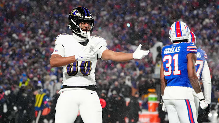 Jan 19, 2025; Orchard Park, New York, USA; Baltimore Ravens tight end Isaiah Likely (80) celebrates after making a catch during the first quarter against the Buffalo Bills in a 2025 AFC divisional round game at Highmark Stadium. Mandatory Credit: Gregory Fisher-Imagn Images Jan 19, 2025; Orchard Park, New York, USA; Baltimore Ravens tight end Isaiah Likely (80) celebrates after making a catch during the first quarter against the Buffalo Bills in a 2025 AFC divisional round game at Highmark Stadium. Mandatory Credit: Gregory Fisher-Imagn Images