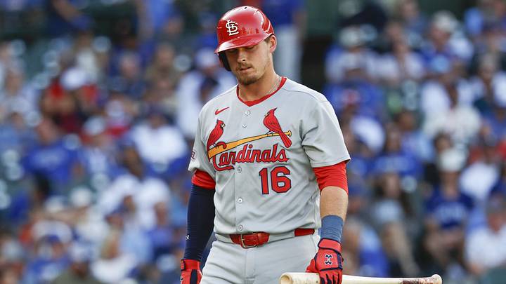 Sep 26, 2025; Chicago, Illinois, USA; St. Louis Cardinals second baseman Nolan Gorman (16) reacts after striking out against the Chicago Cubs during the ninth inning at Wrigley Field. Mandatory Credit: Kamil Krzaczynski-Imagn Images