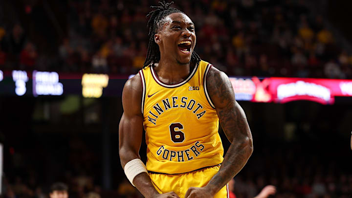 Jan 13, 2026; Minneapolis, Minnesota, USA; Minnesota Golden Gophers guard Langston Reynolds (6) celebrates during the second half against the Wisconsin Badgers at Williams Arena. Mandatory Credit: Matt Krohn-Imagn Images