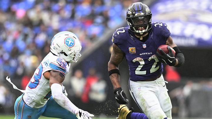 Oct 4, 2026; Baltimore, Maryland, USA;  Baltimore Ravens running back Derrick Henry (22) runs with the ball against the Tennessee Titans during the fourth quarter at M&T Bank Stadium.  Mandatory Credit: Tommy Gilligan-Imagn Images