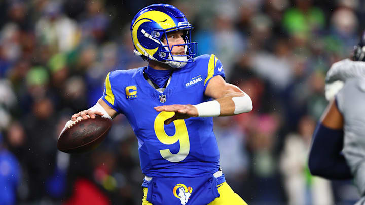 Los Angeles Rams quarterback Matthew Stafford (9) passes against the Seattle Seahawks.