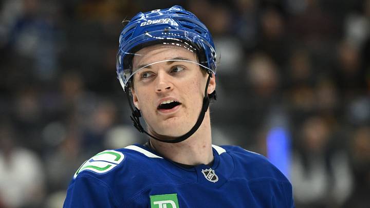 Apr 4, 2026; Vancouver, British Columbia, CAN; Vancouver Canucks defenseman Tom Willander (5) reacts during the second period against the Utah Mammoth at Rogers Arena. Mandatory Credit: Simon Fearn-Imagn Images