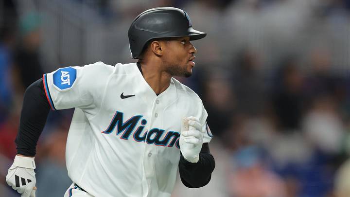 May 18, 2026; Miami, Florida, USA; Miami Marlins second baseman Xavier Edwards (9) rounds the bases after hitting a solo home run against the Atlanta Braves during the fifth inning at loanDepot Park. Mandatory Credit: Sam Navarro-Imagn Images
