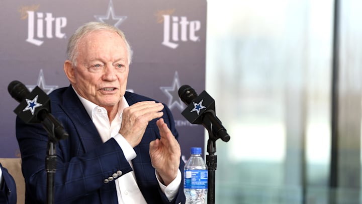 Dallas Cowboys owner Jerry Jones speaks to the media at a press conference at the Star.  