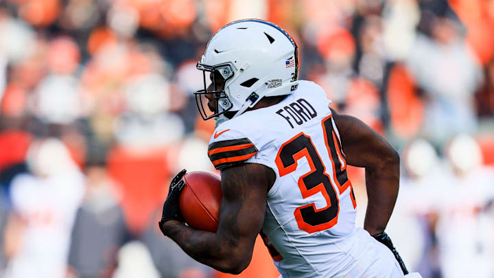Browns running back Jerome Ford returns the opening kickoff against the Bengals, Dec 22, 2024, in Cincinnati.
