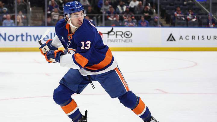 Jan 31, 2026; Elmont, New York, USA;  New York Islanders center Mathew Barzal (13) at UBS Arena. Mandatory Credit: Wendell Cruz-Imagn Images