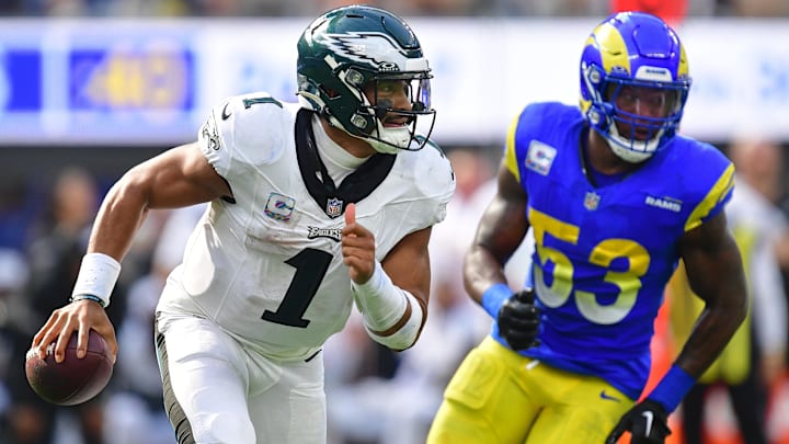 Oct 8, 2023; Inglewood, California, USA; Philadelphia Eagles quarterback Jalen Hurts (1)