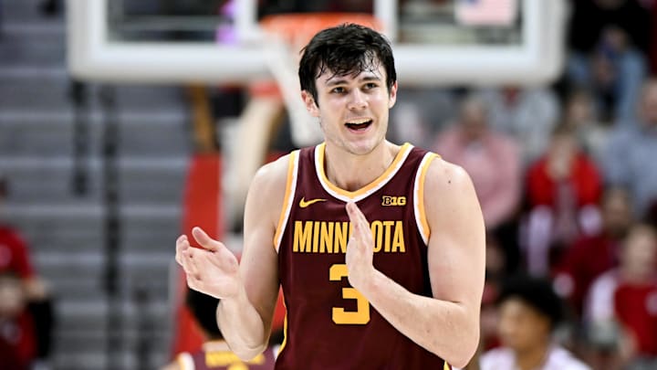 Mar 4, 2026; Bloomington, Indiana, USA; Minnesota Golden Gophers forward Bobby Durkin (3) celebrates after a play against the Indiana Hoosiers during the first half at Simon Skjodt Assembly Hall. Mandatory Credit: Robert Goddin-Imagn Images