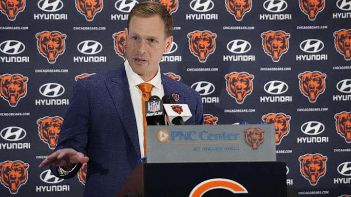 Chicago Bears head coach Ben Johnson answers questions during an introductory press conference at PNC Center.