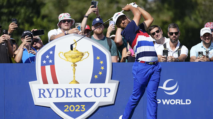 Sep 27, 2023; Rome, ITA; Team USA golfer Xander Schauffele tees off on six during a practice day for