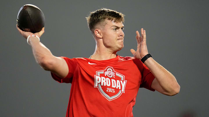 Ohio State Buckeyes quarterback Will Howard throws during the pro day for NFL scouts at the Woody Hayes Athletic Cente on March 26, 2025.