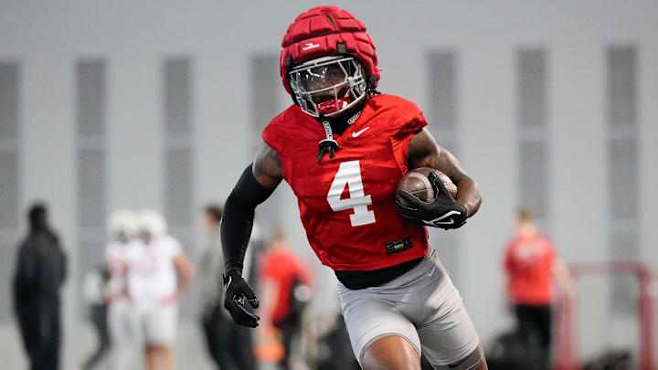 Ohio State Buckeyes wide receiver Jeremiah Smith (4) runs during spring football practice at the Woody Hayes Athletic Center on March 17, 2025.