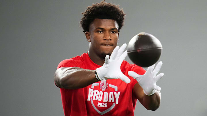 Ohio State Buckeyes defensive back Caleb Downs catches a ball during Pro Day for NFL scouts at the Woody Hayes Athletics Center on March 25, 2026.