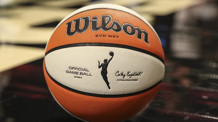 Aug 23, 2022; Brooklyn, New York, USA; A detail view of a basketball on the court prior to game three of the first round between the New York Liberty and the Chicago Sky at Barclays Center. Mandatory Credit: Wendell Cruz-Imagn Images