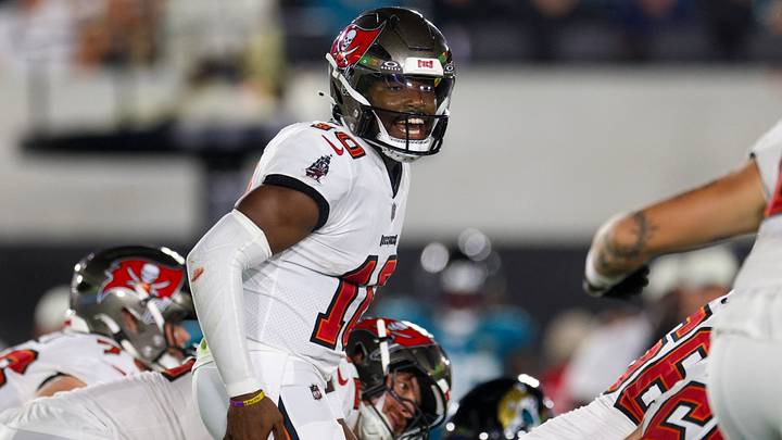 Aug 28, 2026; Jacksonville, Florida, USA; Tampa Bay Buccaneers quarterback Jalon Daniels (10) calls a play at the line against the Jacksonville Jaguars in the second quarter during preseason at EverBank Stadium. Mandatory Credit: Nathan Ray Seebeck-Imagn Images Aug 28, 2026; Jacksonville, Florida, USA; Tampa Bay Buccaneers quarterback Jalon Daniels (10) calls a play at the line against the Jacksonville Jaguars in the second quarter during preseason at EverBank Stadium. Mandatory Credit: Nathan Ray Seebeck-Imagn Images
