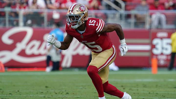San Francisco 49ers wide receiver De'zhaun Stribling (15) sprints from the line of scrimmage in the first quarter against the Tennessee Titans at Levi's Stadium. Mandatory Credit: David Gonzales-Imagn Images San Francisco 49ers wide receiver De'zhaun Stribling (15) sprints from the line of scrimmage in the first quarter against the Tennessee Titans at Levi's Stadium. Mandatory Credit: David Gonzales-Imagn Images