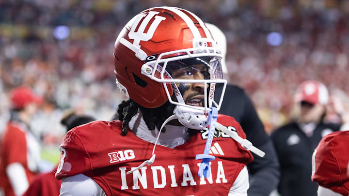Jan 19, 2026; Miami Gardens, FL, USA; Indiana Hoosiers wide receiver Omar Cooper Jr. (3) against the Miami Hurricanes in the College Football Playoff National Championship game at Hard Rock Stadium. Mandatory Credit: Mark J. Rebilas-Imagn Images Jan 19, 2026; Miami Gardens, FL, USA; Indiana Hoosiers wide receiver Omar Cooper Jr. (3) against the Miami Hurricanes in the College Football Playoff National Championship game at Hard Rock Stadium. Mandatory Credit: Mark J. Rebilas-Imagn Images