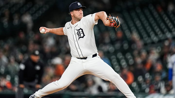 Detroit Tigers pitcher Beau Brieske (4) throws against Kansas City Royals during the eighth inning at Comerica Park in Detroit on Thursday, April 17, 2025.