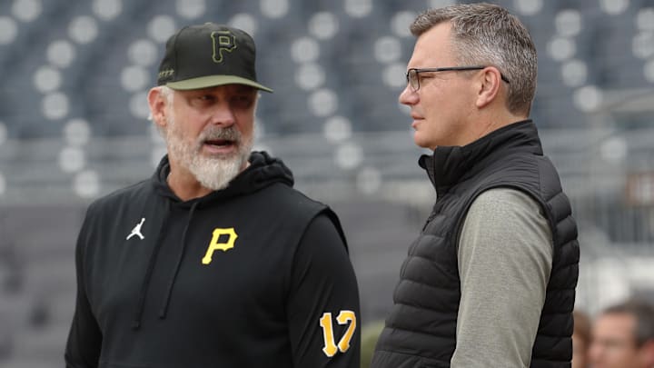 Pittsburgh Pirates manager Derek Shelton (17) and general manager Ben Cherington (right) talk on the field before the game against the Los Angeles Angels at PNC Park. Pittsburgh Pirates manager Derek Shelton (17) and general manager Ben Cherington (right) talk on the field before the game against the Los Angeles Angels at PNC Park.