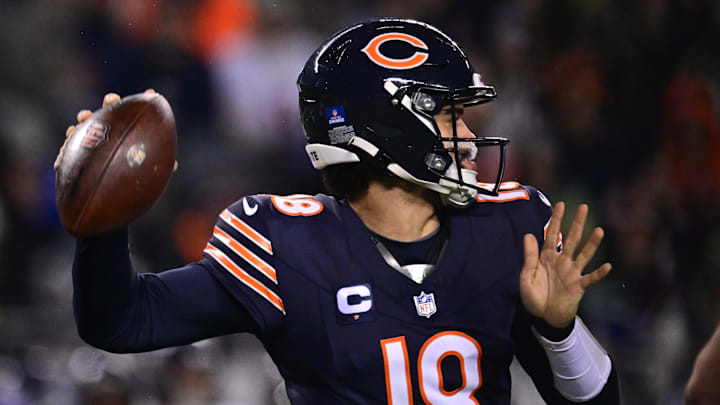 Chicago Bears quarterback Caleb Williams (18) passes the ball against the Seattle Seahawks during the first quarter at Soldier Field. 
