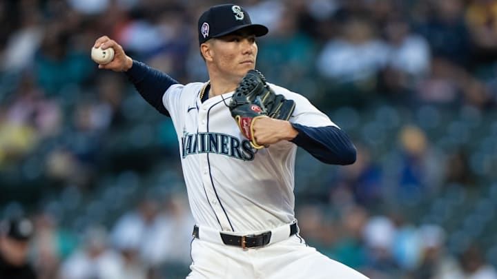 Sep 11, 2024; Seattle, Washington, USA;  Seattle Mariners starter Bryan Woo (22) delivers a pitch during the second inning against the San Diego Padres at T-Mobile Park