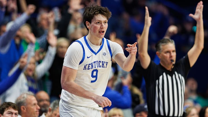 Feb 11, 2025; Lexington, Kentucky, USA; Kentucky Wildcats forward Trent Noah (9) reacts after making a three point basket during the first half against the Tennessee Volunteers at Rupp Arena at Central Bank Center. Mandatory Credit: Jordan Prather-Imagn Images