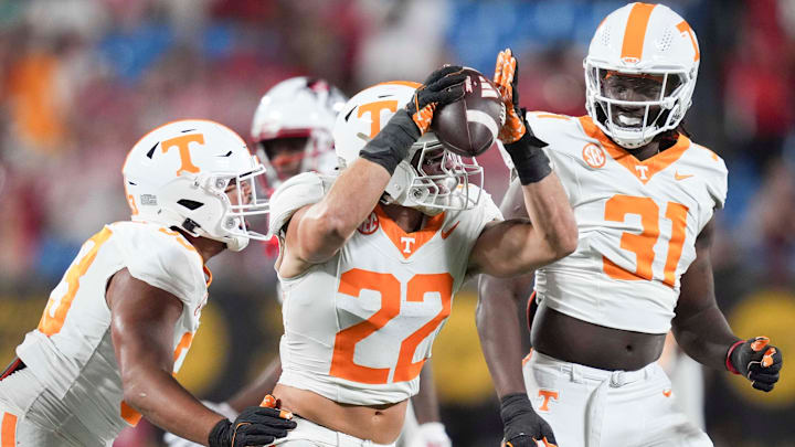 Tennessee linebacker Jeremiah Telander (22) celebrates a fumble recovery at the NCAA College football game between Tennessee and NC State on Saturday, Sept. 7, 2024 in Charlotte, NC.