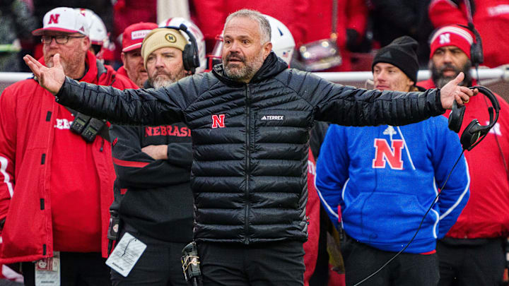 Nov 28, 2025; Lincoln, Nebraska, USA; Nebraska Cornhuskers head coach Matt Rhule reacts to a non-call on a play during the third quarter against the Iowa Hawkeyes at Memorial Stadium. Mandatory Credit: Dylan Widger-Imagn Images