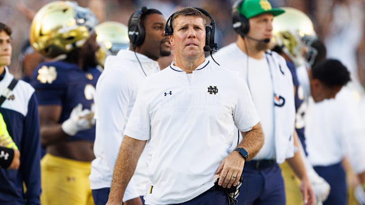 Notre Dame defensive coordinator Chris Ash looks on in the second half of a NCAA football game against NC State at Notre Dame Stadium on Saturday, Oct. 11, 2025, in South Bend.