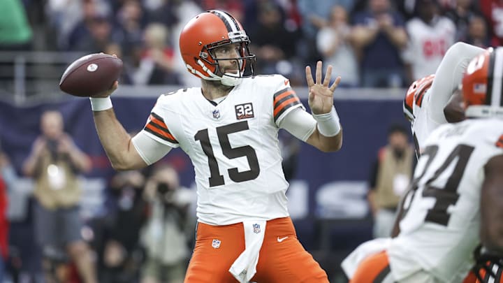 Jan 13, 2024; Houston, Texas, USA; Cleveland Browns quarterback Joe Flacco (15)