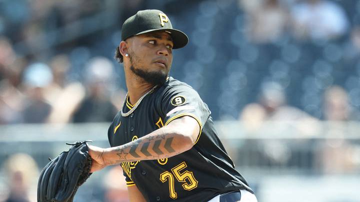 Aug 9, 2026; Pittsburgh, Pennsylvania, USA; Pittsburgh Pirates relief pitcher Camilo Doval (75) pitches  against the New York Mets during the sixth inning at PNC Park. Mandatory Credit: Charles LeClaire-Imagn Images