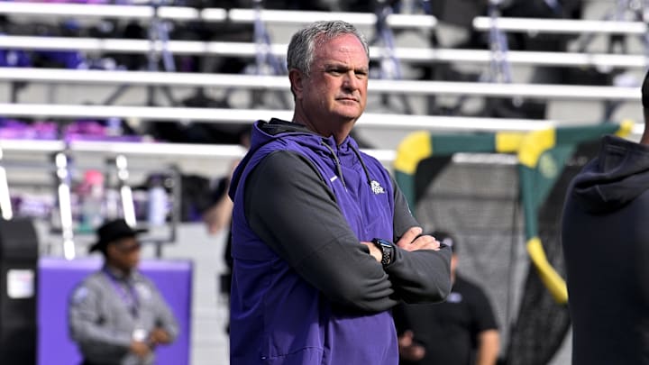 Nov 18, 2023; Fort Worth, Texas, USA; TCU Horned Frogs head coach Sonny Dykes before the game between the TCU Horned Frogs and the Baylor Bears at Amon G. Carter Stadium. Mandatory Credit: Jerome Miron-Imagn Images