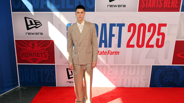 Jun 25, 2025; Brooklyn, NY, USA; Egor Demin arrives before the first round of the 2025 NBA Draft at Barclays Center. Mandatory Credit: Brad Penner-Imagn Images