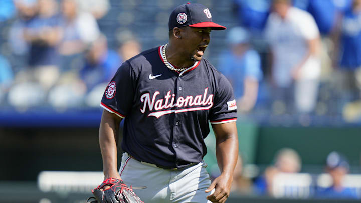 Washington Nationals relief pitcher Jose Ferrer (47) celebrates after defeating the Kansas City Royals at Kauffman Stadium.