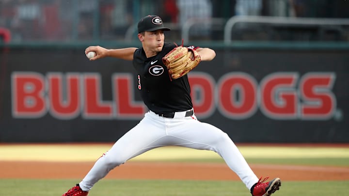 Georgia's Zach Harris (3) throws a pitch during Game 3 of the Super NCAA regional at Foley Field on Monday, June 10, 2024 in Athens, Ga.